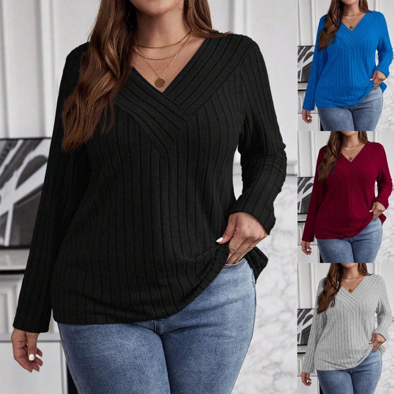 Autumn Winter Solid Color Plus Size Top Cross V-neck Long Sleeved Groove Brushed Pullover T-shirt