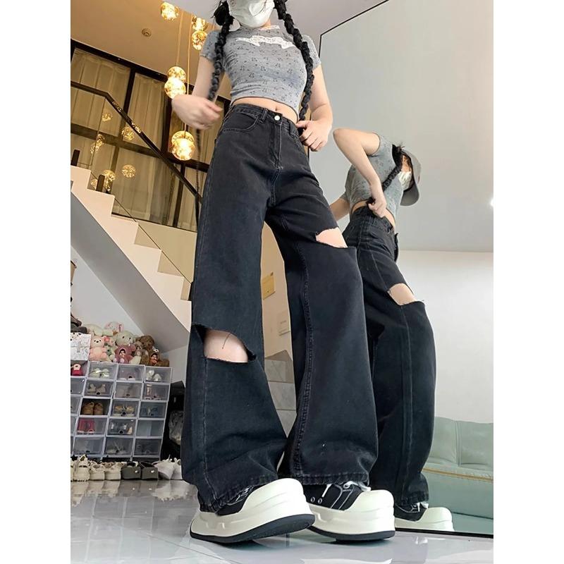 Women New Black Ripped High Waist Jeans Wide Leg Straight Loose Floor Length Thin Summer Fashion Design Denim Pants