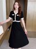 Chic French-Inspired Black V-Neck A-Line Dress - Slim Fit, Waist-Cinching, Casual Korean Style for Women, Perfect for Summer