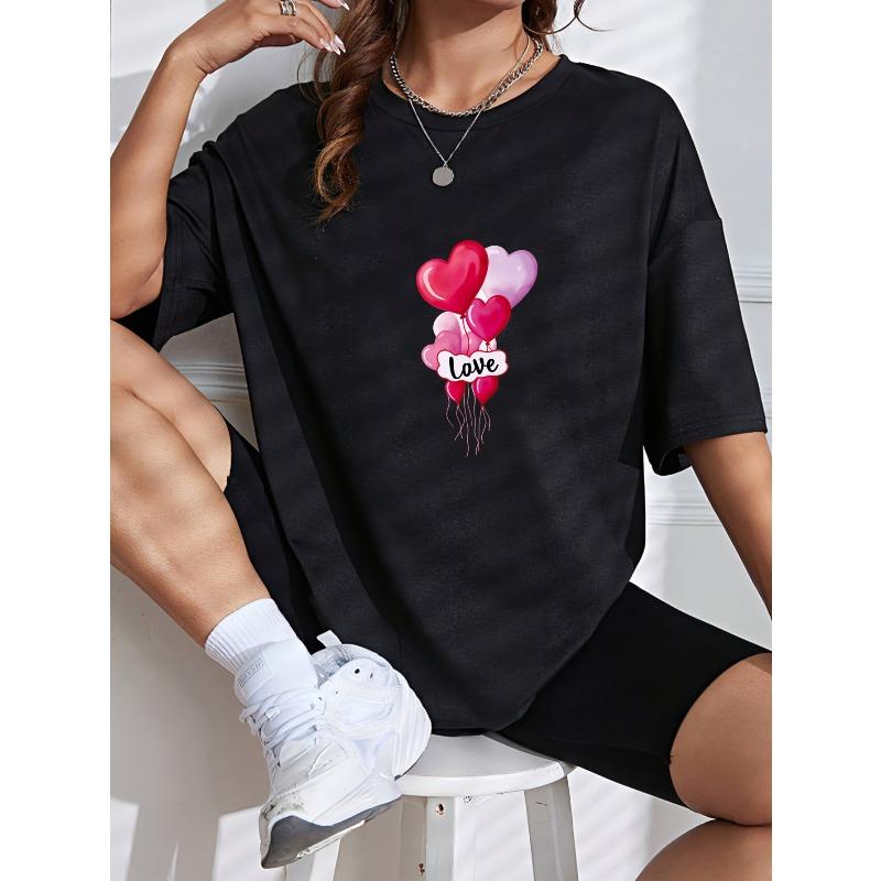 Crewneck T Shirt White Heart Balloons Love Print For Valentine's Day