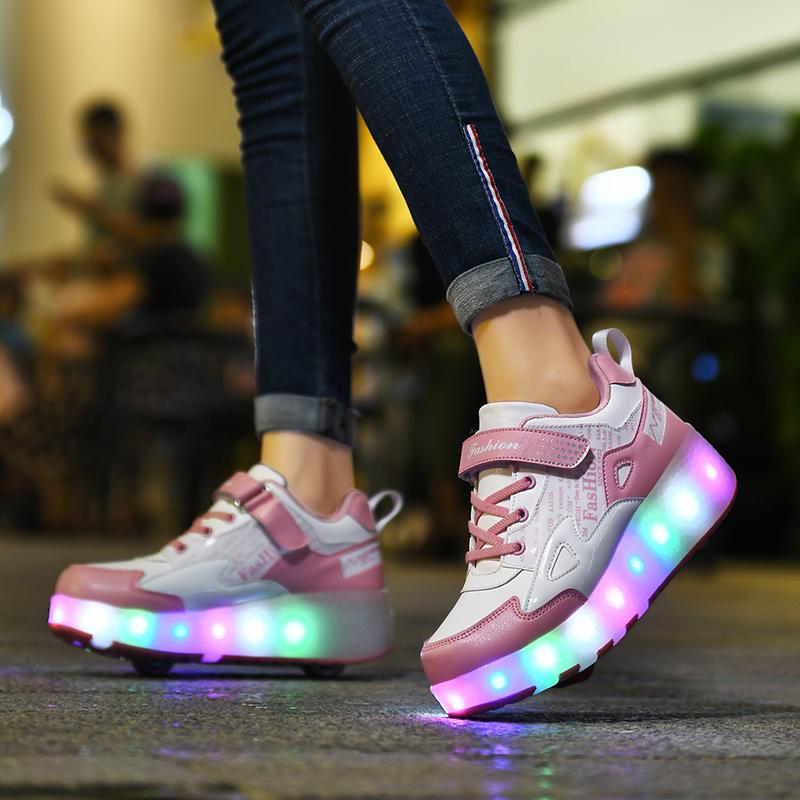 27-43 Detachable Wheel Boys/Girls Double Wheel Luminous Sneakers Can Be Charged Sneakers for Skating Kids Roller Skating Boots