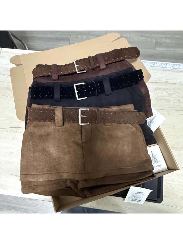 Maillard Style Women's High Waist Suede Plush Shorts with Belt - Coffee Color, Autumn/Winter Slimming Casual Pants