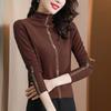 Women's Black Coffee High-Neck Thickened Warm Long-Sleeve Base Layer Shirt with Classic Hot Drill Design.