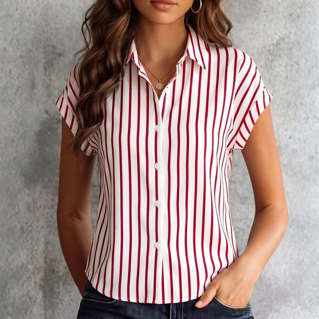 Womens Spring Tops Summer Shirts for Women Button Down Blouse Short Sleeve Striped Womens Summer Tops Dressy Casual