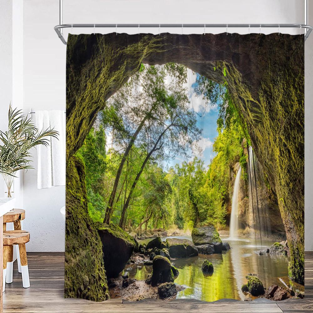 Natürliche Landschaft Wasserfall Wald Duschvorhang Landschaft Grüne Blätter Pflanzen Badezimmer Dekor Polyester Duschvorhang für Zuhause