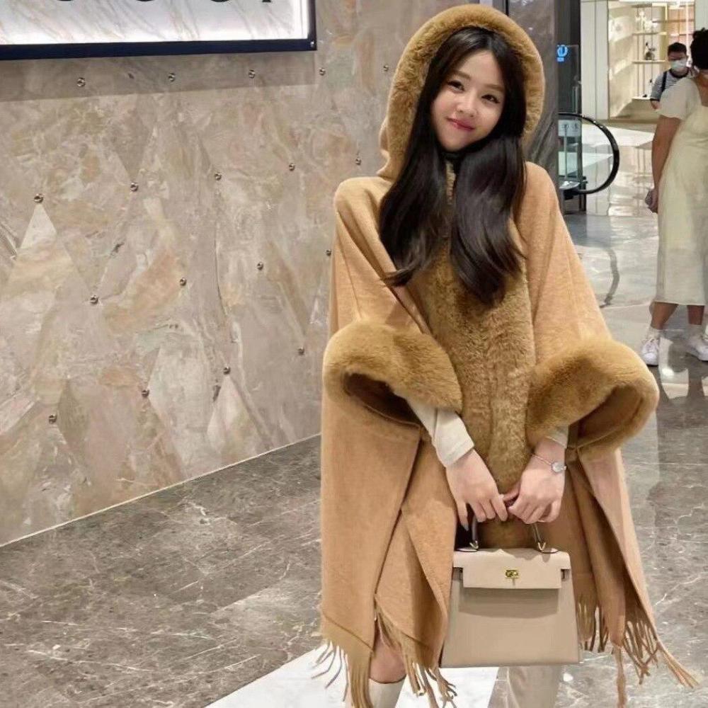 

3 цвета, зимний теплый бежевый плащ, толстые рукава «летучая мышь», свободное пальто, пончо, накидки, женская одежда с воротником из искусственного меха кролика и длинной кисточкой One Size верблюд