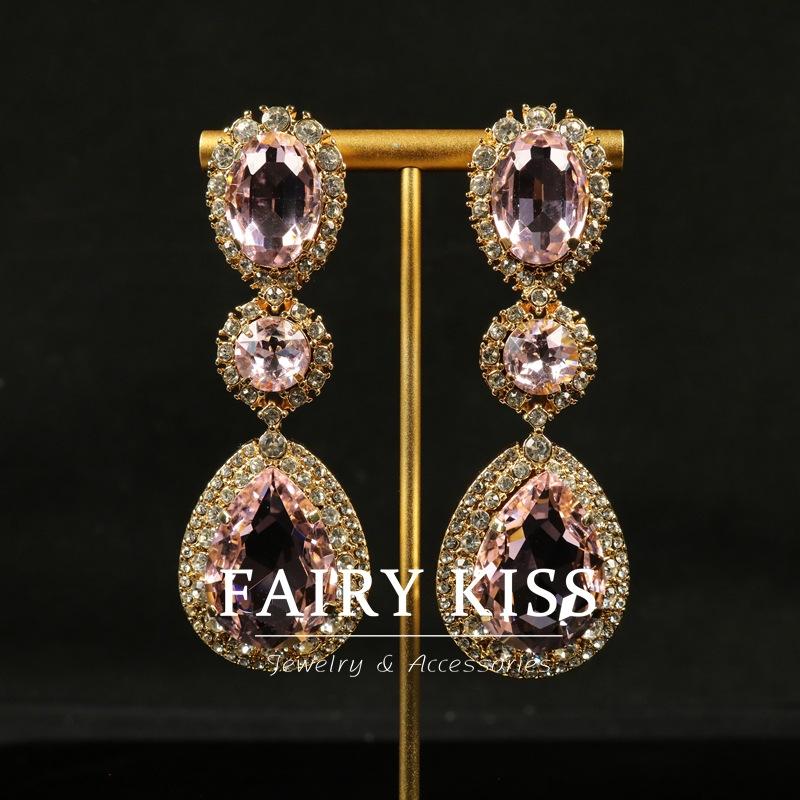 

French Heavy Industry Copper-plated Real Gold Long Water Drop Dense Inlaid with Diamond Glass Atmospheric Luxury Earrings