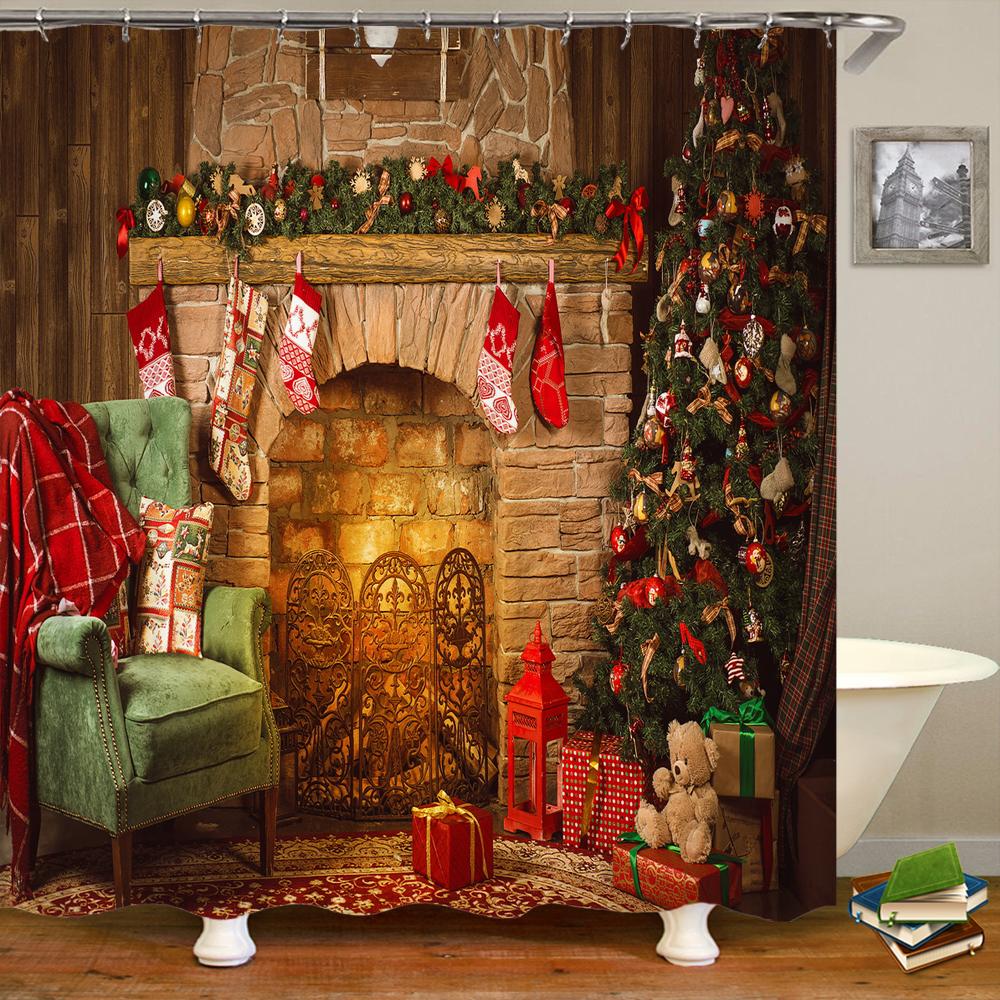 Frohe Weihnachten Duschvorhänge 3D Badvorhänge Schneemann Weihnachtsmann Baum Hirsch Dekorativer Polyesterstoff 180*240Cm Sichtschutz