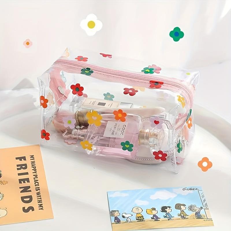 Transparent Flowers Design Pencil Case Girls' Portable Cosmetic Bag Cartoon Women Ladies PVC Makeup Bag Stationery Storage Bag