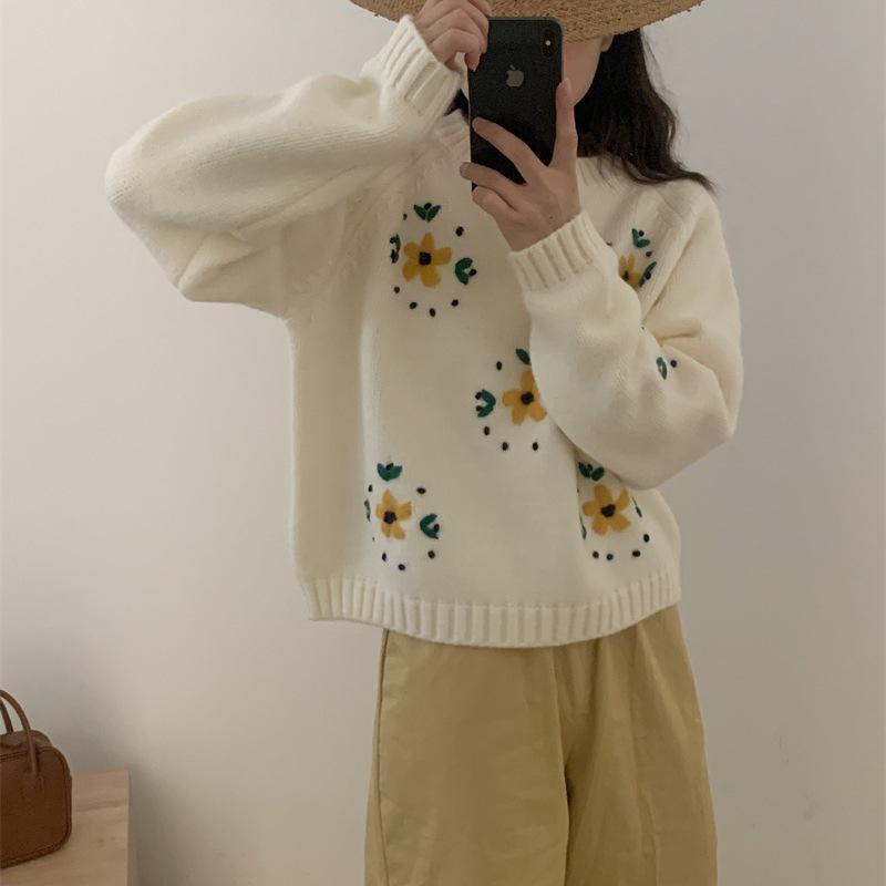 Autumn/Winter Yellow Floral 3D Embroidered Pullover Sweater - Women’s Lazy Style Knitwear