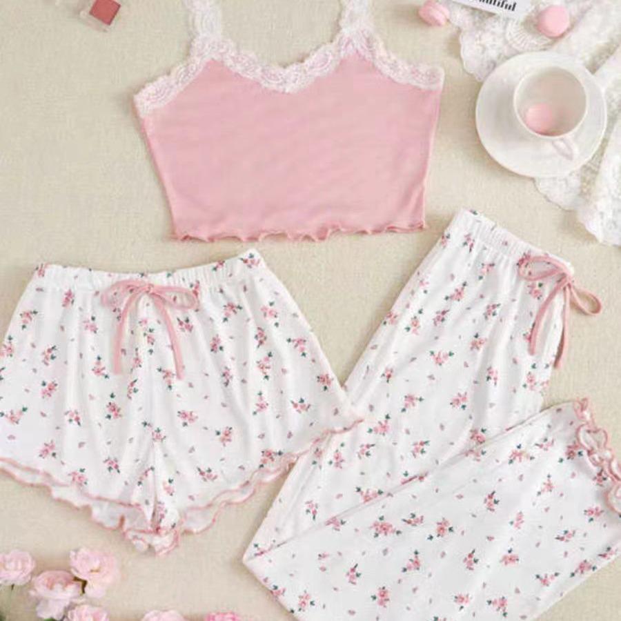 Women's Ribbed Lace Camisole & Pants Pajama Set - 3-Piece Cross-Border European & American Style