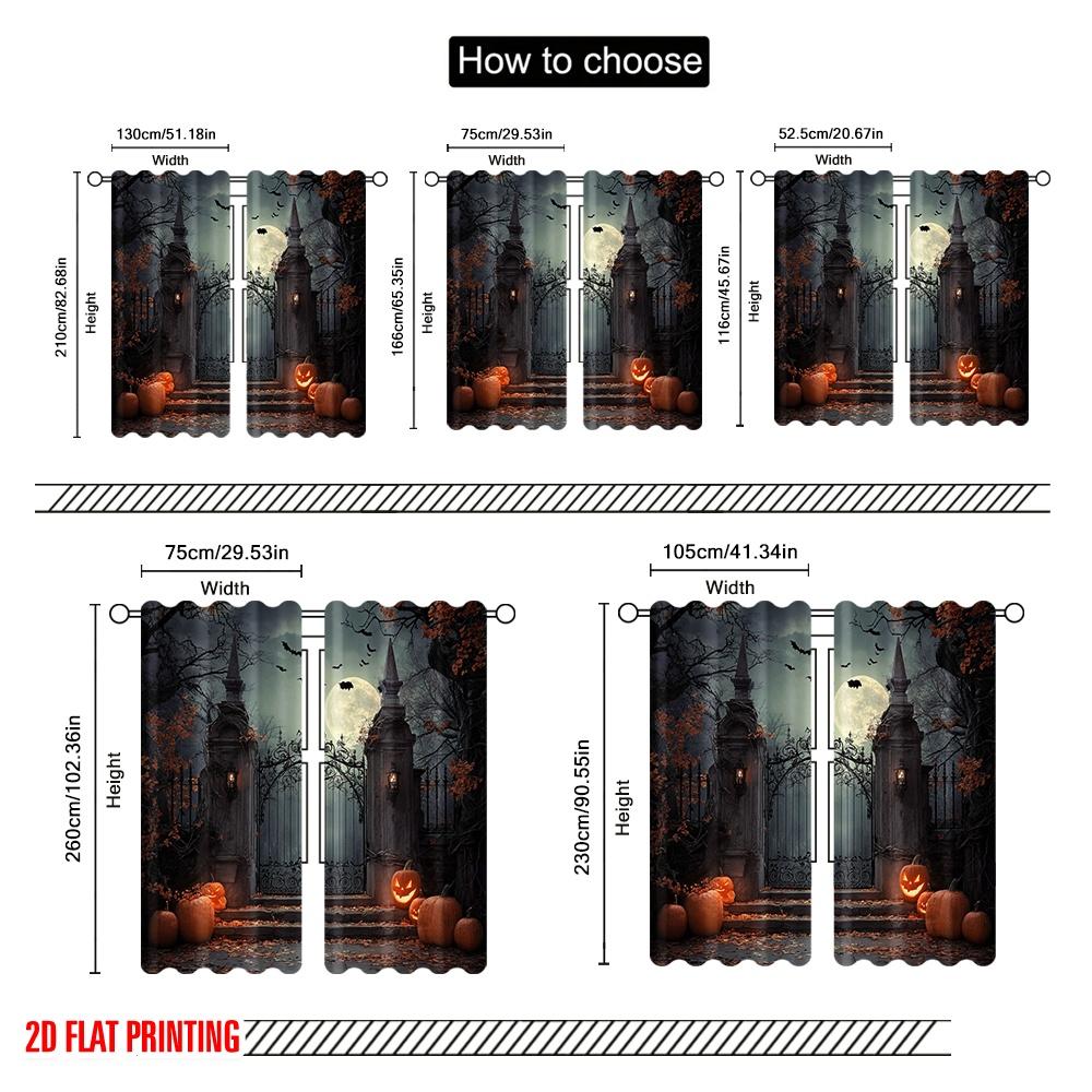2pcs,2D Plane Printing Pattern Curtains Full Moon_ Gloomy Woods_ and Graveyard Versatile Fabric (without Rod) Outdoor