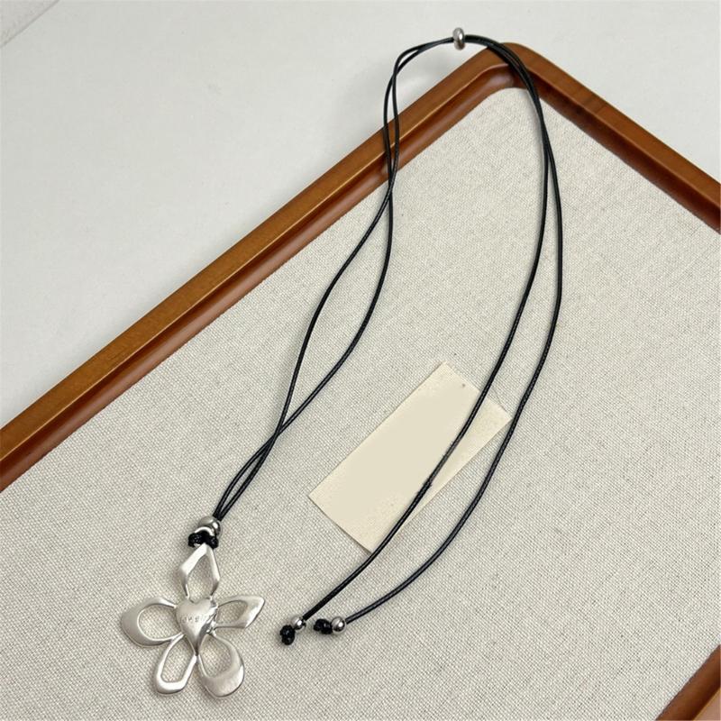 Adjustable Bohemian Hollow Flower Clavicle Necklace For Women Handmade Black Wax Cord Floral Neckchain Jewelry
