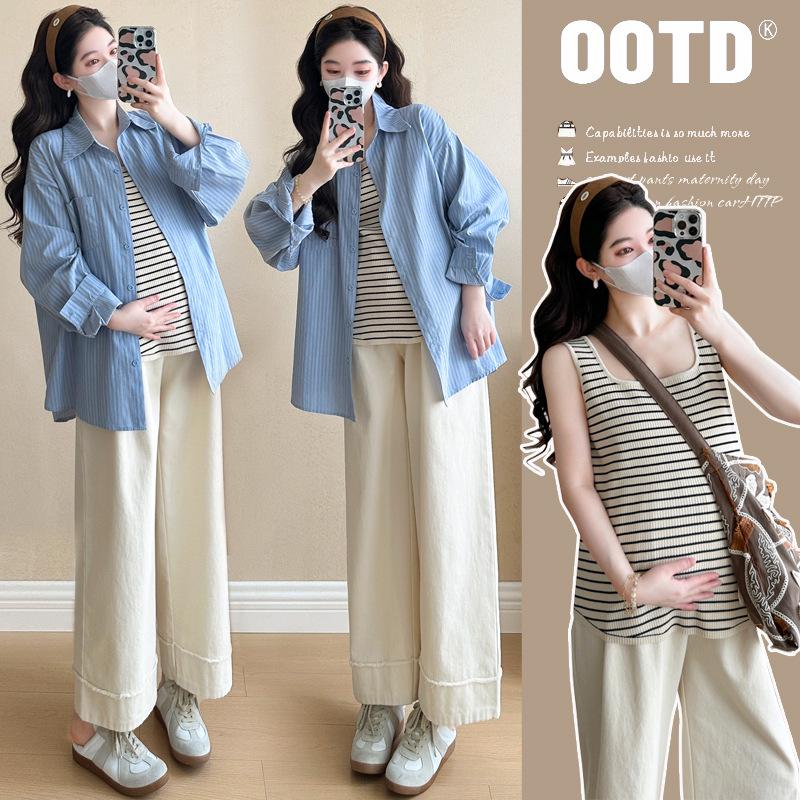 French Stripe Petite Maternity Shirt Set - Spring/Summer Long Sleeve High-End Design L