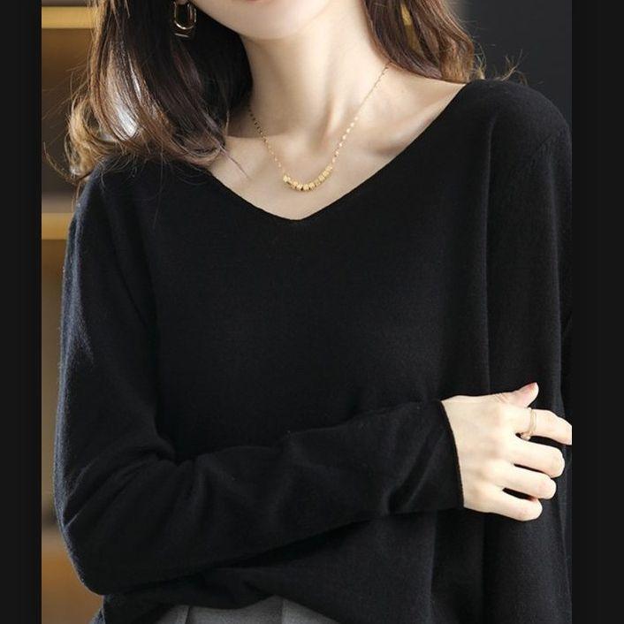 Spring and Autumn Women's Knitted Sweater Long Sleeve V-neck Sweater Interior Bottom Loose