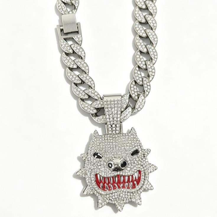 Hip Hop Diamond Pitbull Pendant Cuban Chain Alloy Full Diamond Trend Brand Accessories Personalized Men'S Street Rap Necklace