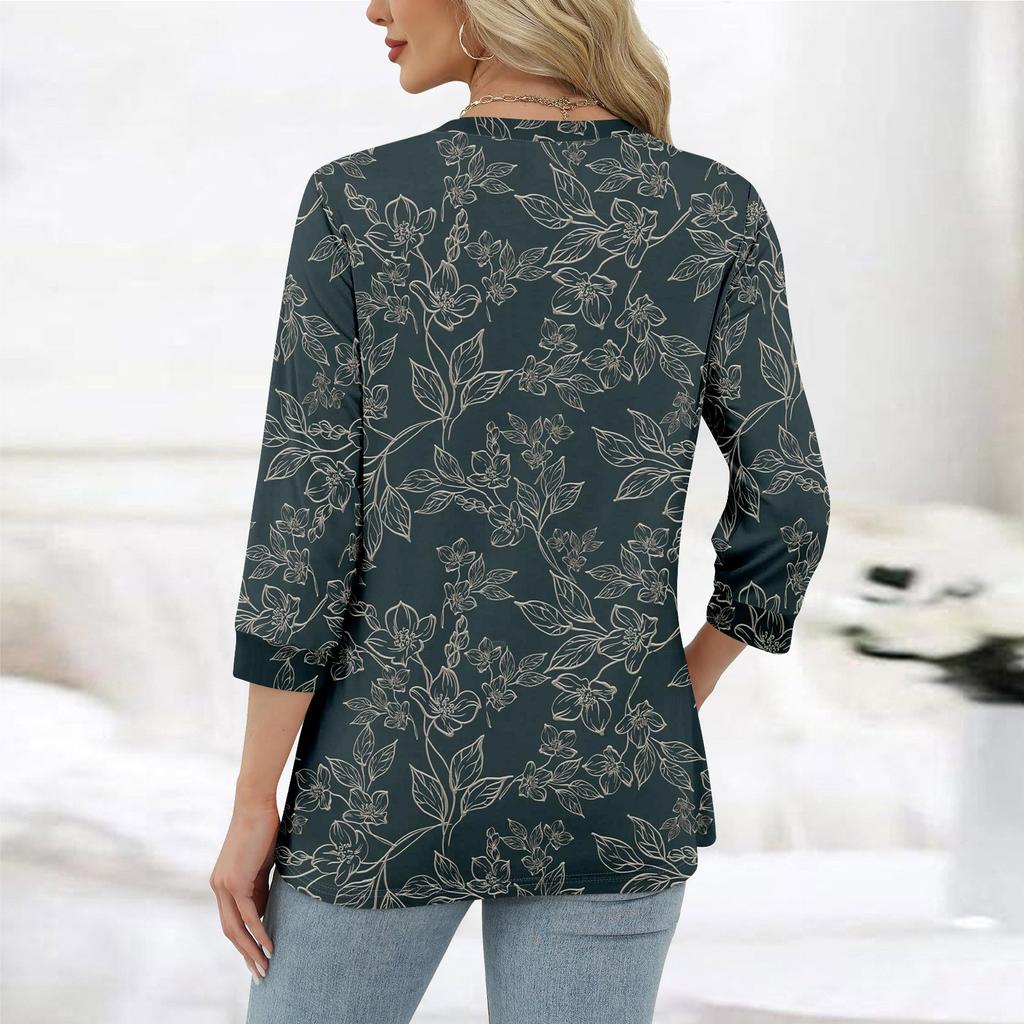 Damenmode, lässig, Rundhalsausschnitt, 3/4-Ärmel, lockeres bedrucktes T-Shirt, Damen-Top