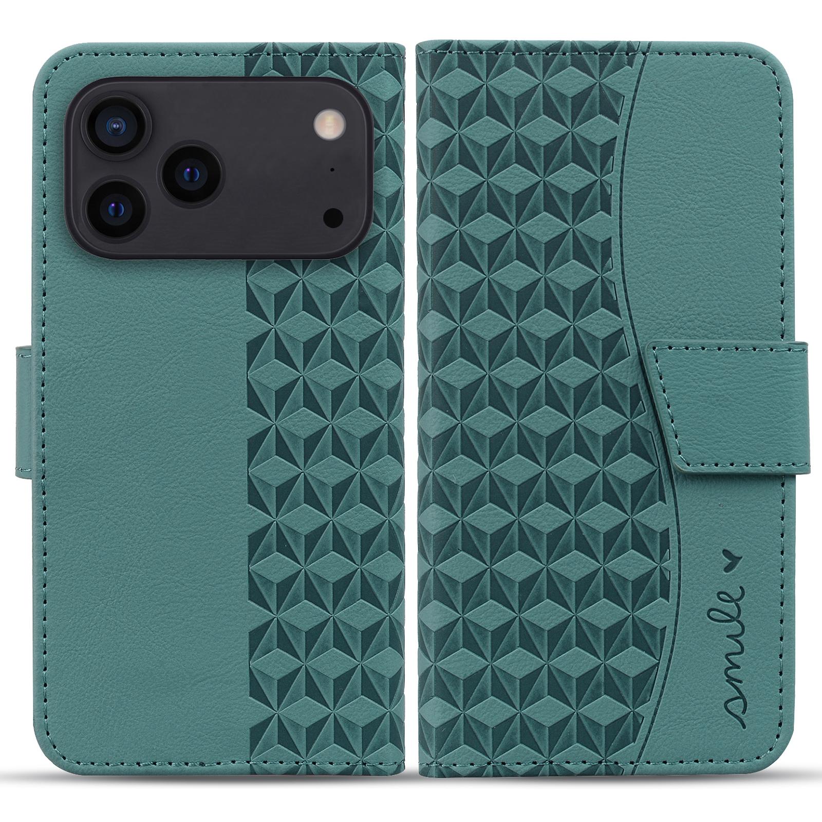 

For iPhone 17 Pro Case Rhombus Pattern Leather Wallet Phone Cover with Wrist Strap Green