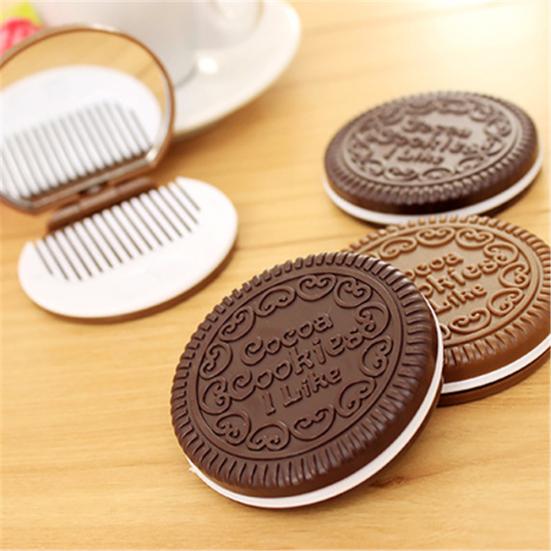 Cute Chocolate Sandwich Folding Biscuit Shaped Portable Makeup Round Mirror