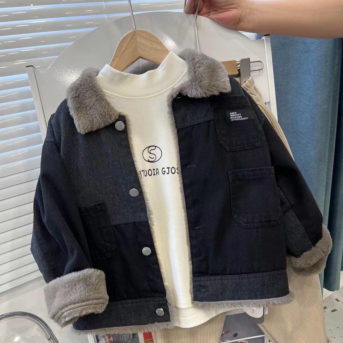 

Модная зимняя куртка для мальчиков 2025, джинсовая на флисовой подкладке, утолщенная для тепла 160