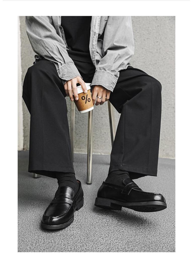 Men's Black Leather Slip-on Loafers, Casual Business Formal Derby Shoes, British Style, 14532-J