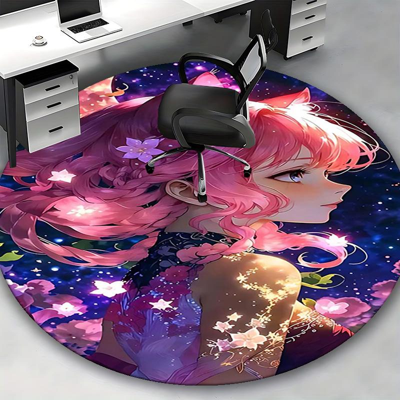 1pc Anime Design Round Carpet Office Chair Mat with Floral Prints, Non Slip Rug for Home Decor, All Seasons