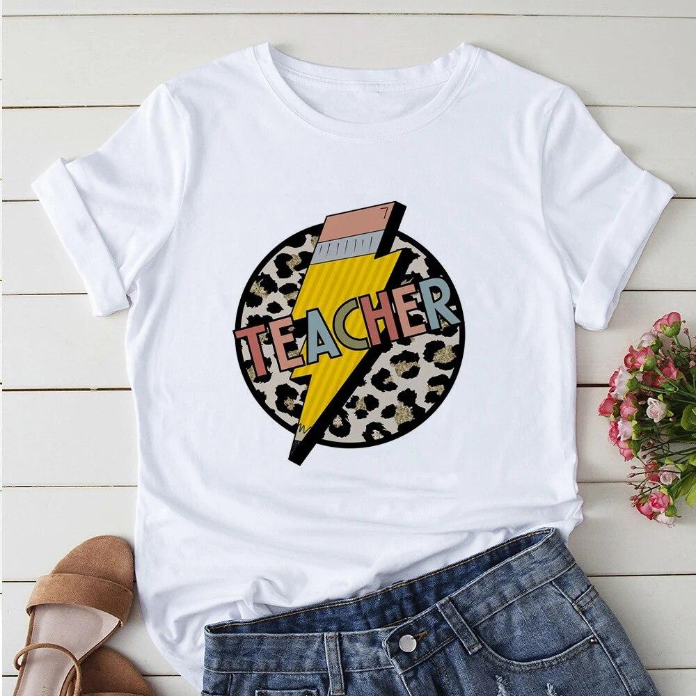 Battery Life of Teacher Print T Shirt Women Summer Tees Casual for Lady Short Sleeve Y2k Tops Harajuku 90s Tee Female Funny Gift