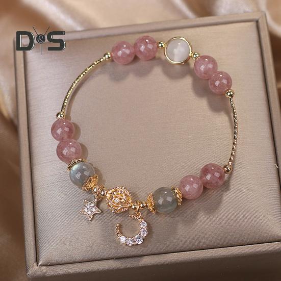 Women Bracelet Smooth Bead Polished Star Moon Pendant Rhinestone Adjustable Shopping Work Party Dating Wrist Chain Lady Jewelry