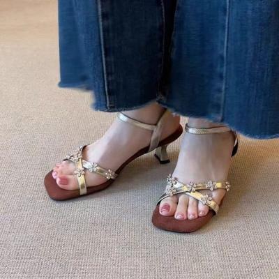 Fashion Vintage Square Toe Rhinestone Flower One-Toe Open-Toe Women's High-Heeled Sandals