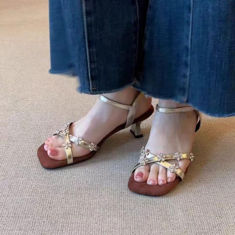 Fashion Vintage Square Toe Rhinestone Flower One-Toe Open-Toe Women's High-Heeled Sandals