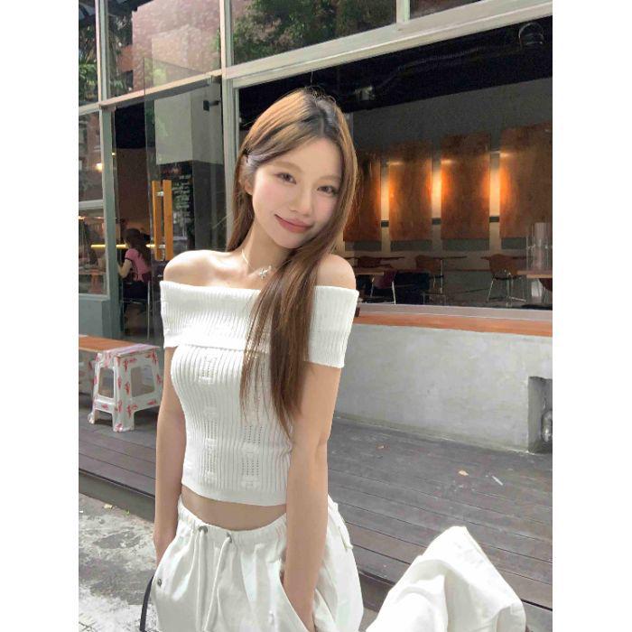 White French One-Shoulder Stretch Knit Summer Top - Women's Sweet Style Slim Fit Short Sleeve