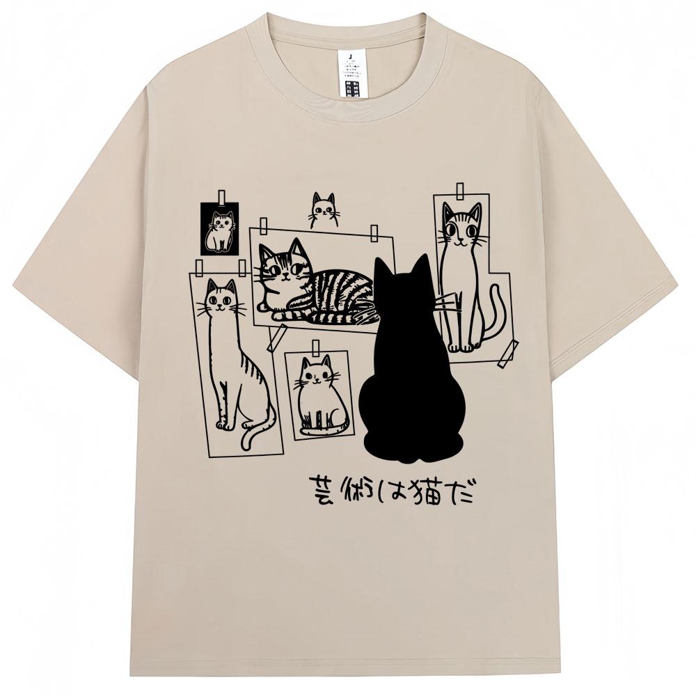 Japanese Funny Black Cat Anime Print T Shirt Men Women Fashion Vintage Harajuku T-shirts Oversized Cotton Casual T Shirts