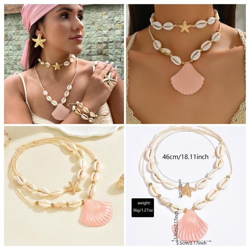 Summer Shell Starfish Conch Pendant Necklace For Women Transparent Crystal Bead Necklace Vacation Style Jewelry Accessory