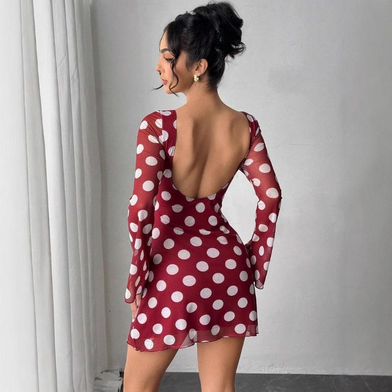 Women's Spring/summer Sexy Polka Dot Backless Mesh Mini Dress with Flared Sleeves