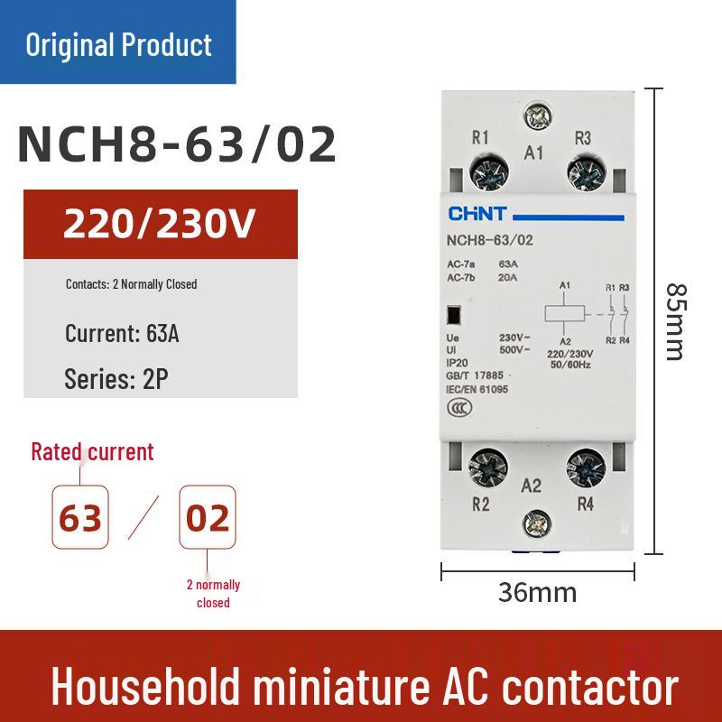 Chint Single-Phase AC Contactor NCH8-20/20, 20A, 240V, 2P, DIN Rail Mount