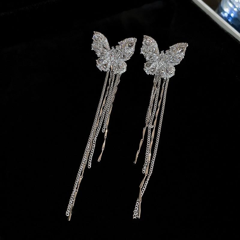 Silver Needle Super Flash Diamond Leaf Fringed Stud Earrings Temperament Earrings Women's Niche Design Earrings Light Luxury High Sense