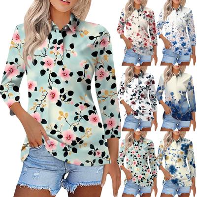 Women's Fashion Casual Lapel Short 3/4 Sleeve Printed Shirt Women's Button Up Tops