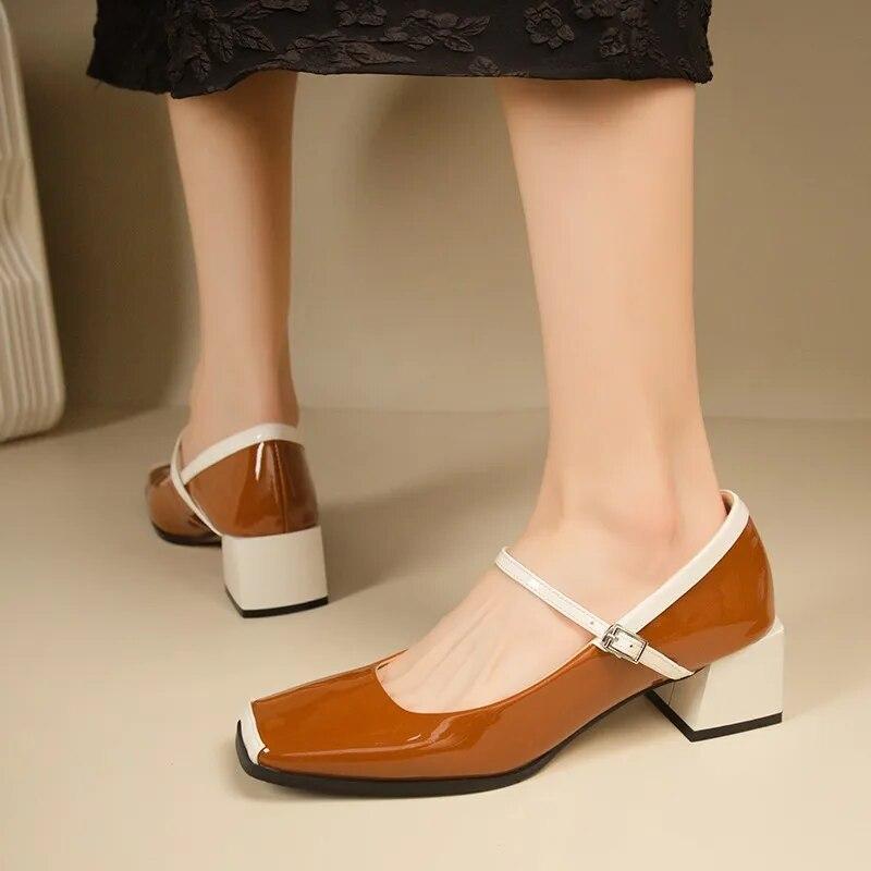 Sapatos únicos de dedo quadrado para mulheres saltos grossos rasos mary jane sapatos de couro envernizado francês elegante sapatos de couro de salto alto