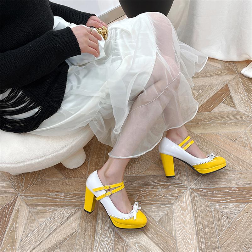 FOREADA Women Mary Janes Pumps Round Toe Glove Shoes Thick High Heels Lolita Buckle Mixed Colors Bow Ladies Fashion Shoes Spring Autumn