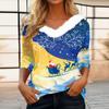 Women's Fashion Long Sleeve Christmas Print Party  Collar V-Neck Top