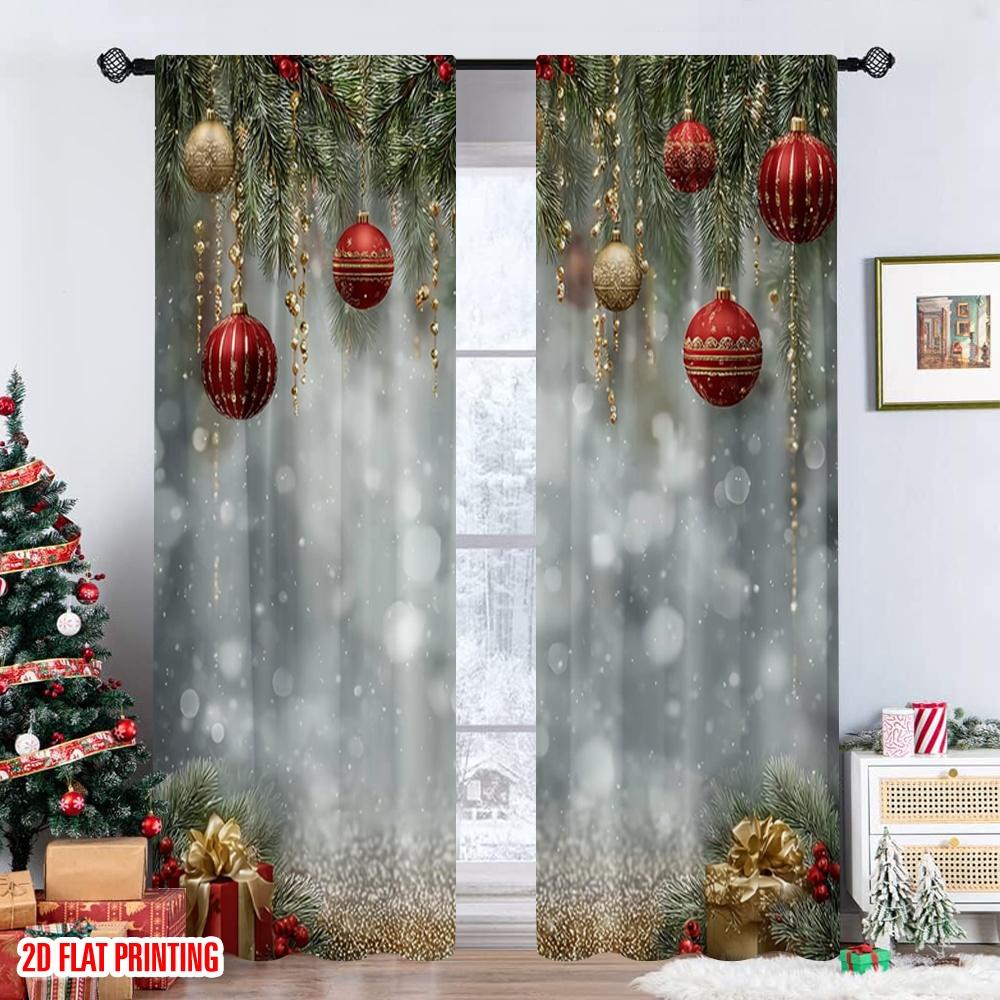 Set Of 2 Flat Printing Happy Christmas Scene Curtains Snowflake Light Ball Print Digital Printed Polyester Drapes Party Curtain Made