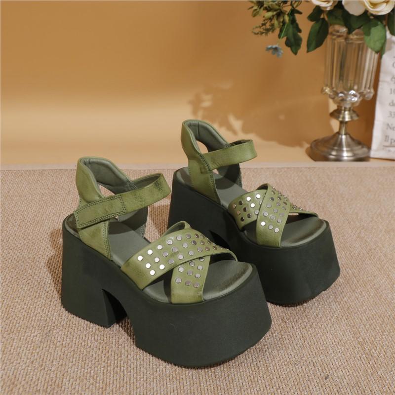 Johnature Genuine Leather Super High Heel Sandals Riveted Thick Soled Roman Women's Platform Shoes