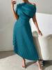 Asymmetrical Shoulder Gold Foil Pleated Dress for Women