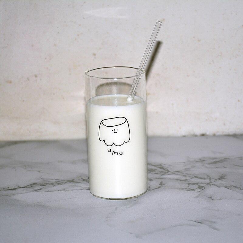 Ins Korean Style Cartoon Glass Cup With Straw Transparent Coffee Milk Tea Mug Water With Straw