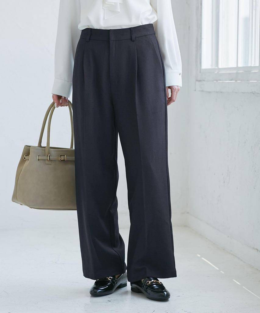 ROPE PICNIC Lady Handsome Series Navy L Wool-Like Waist-Tuck Semi-Wide Pants/Set-Up Compatible, (40)