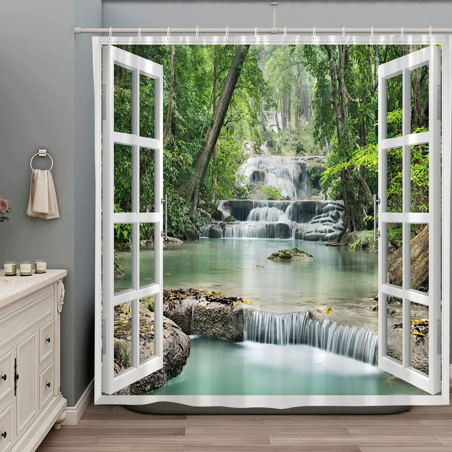 

Forest Waterfall Shower Curtain Spring Nature Scenic Green Tree Tropical Jungle Rainforest River Stone Landscape Fabric Bathroom 90x180CM