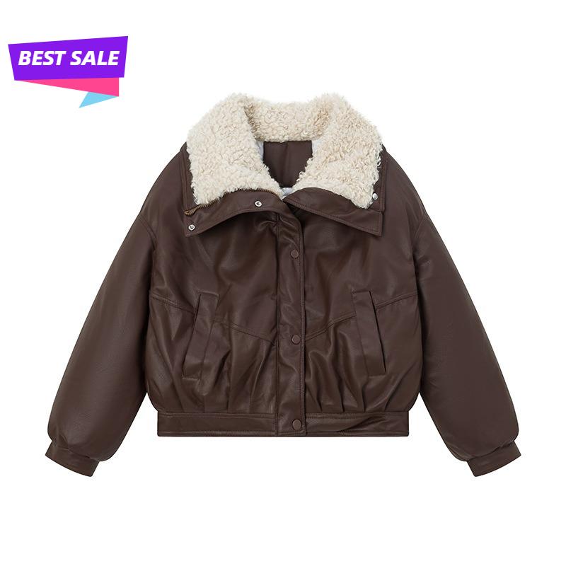 Lamb Wool PU Leather Solid Color Jacket  Korean Version of Down Cotton Thick Loose Cotton Jacket