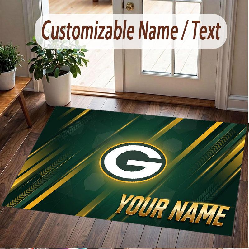 Custom Rug Green Bay Packers Pattern Print Name Text Soft Non‑Slip Floor Carpet for Home Indoor Decoration
