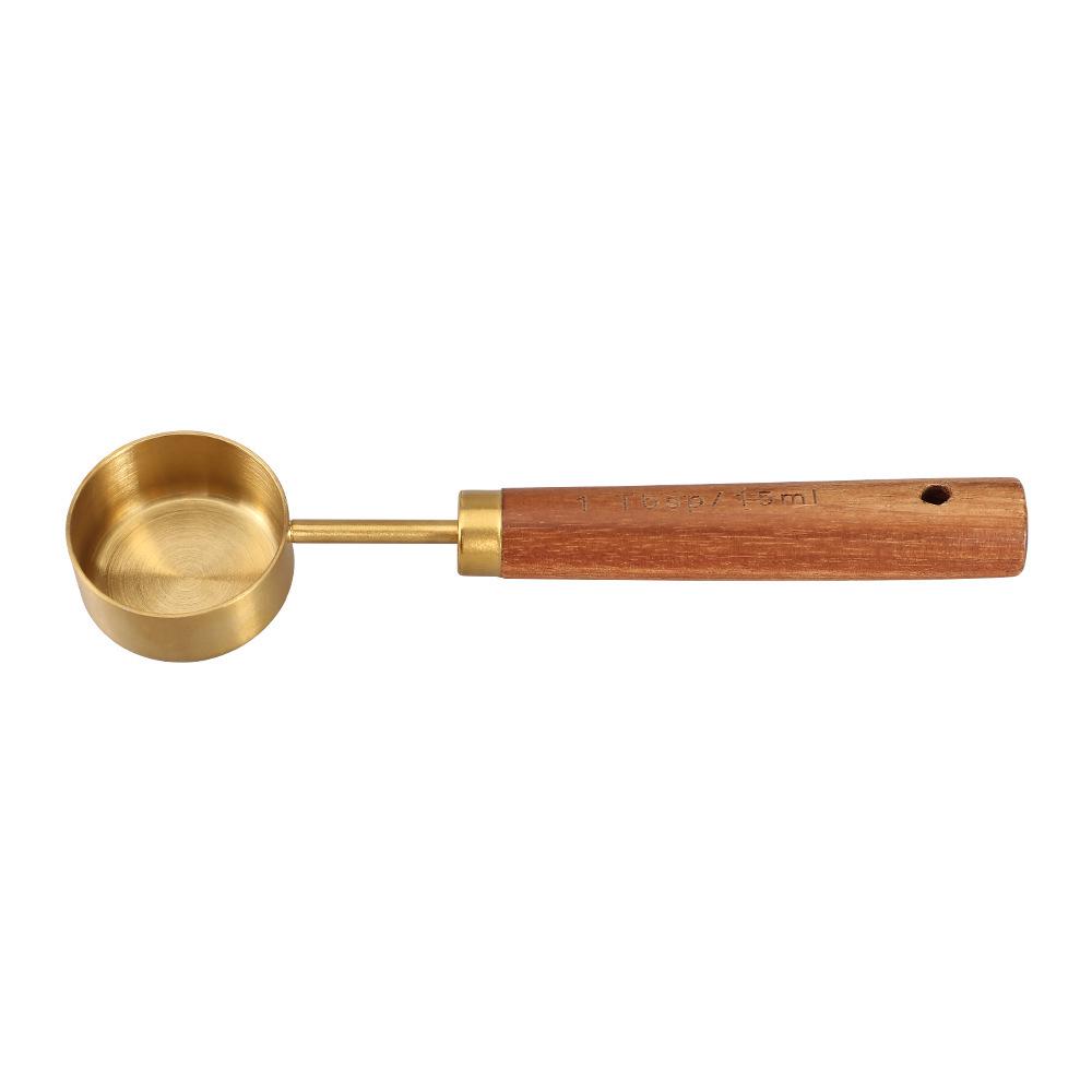 8-Piece Stainless Steel Measuring Cup & Spoon Set with Titanium Gold & Wooden Handles