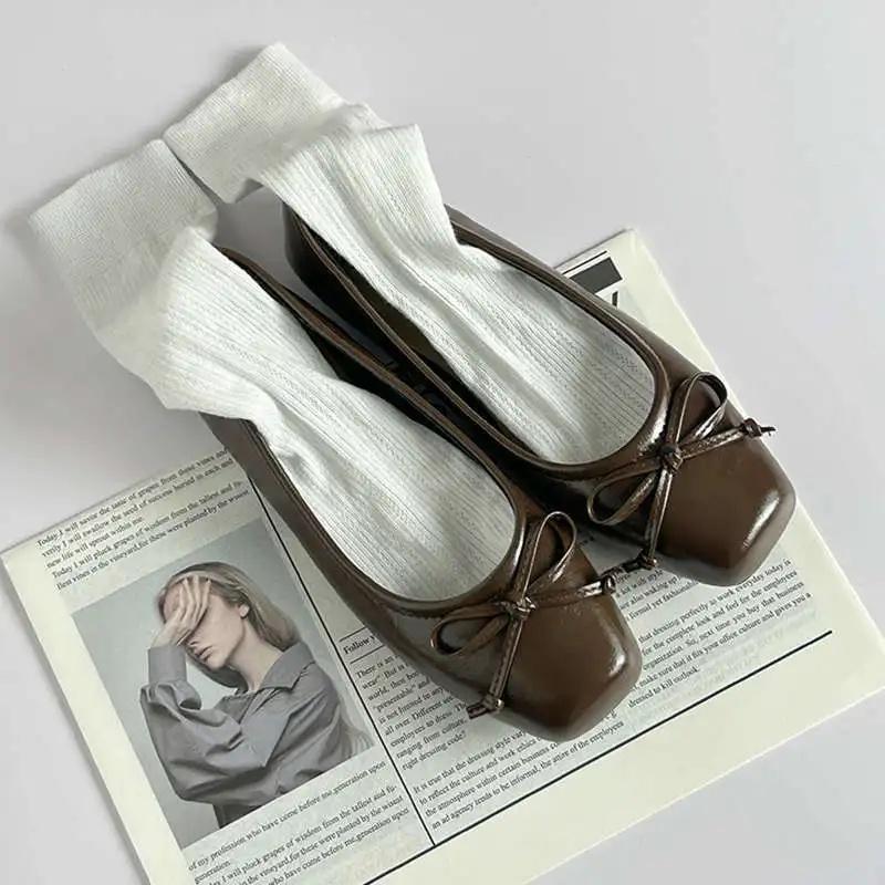 Silver Ballet Flats Women's Spring New Butterfly Knot Slip-On Shoes Round Toe Rubber Bottom Simple Style Casual Loafers